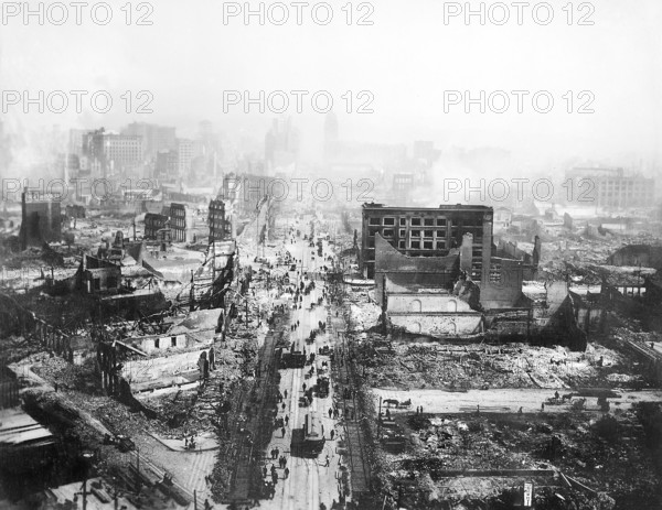 Ruins still smoldering after earthquake, viewed from tower of Union Ferry Building. Market Street between Sacramento and Third Streets, San Francisco, California, USA, U.S. Army Signal Corps, April 1906