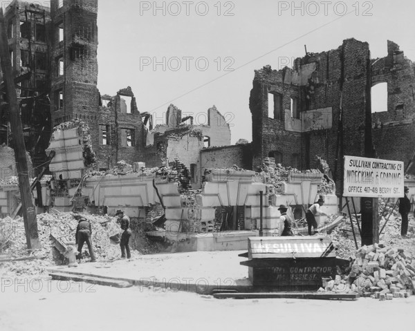 Damaged buildings after earthquake with sign for Sullivan Contracting Company, possibly at Bush and Stockton Streets or Post Street, San Francisco, California, USA, U.S. Army Signal Corps, April 1906