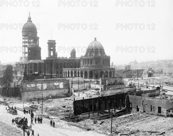 City Hall, Hall of Records and surrounding area near junction of Leavenworth and McAllister Streets after earthquake, San Francisco, California, USA, U.S. Army Signal Corps, April 1906