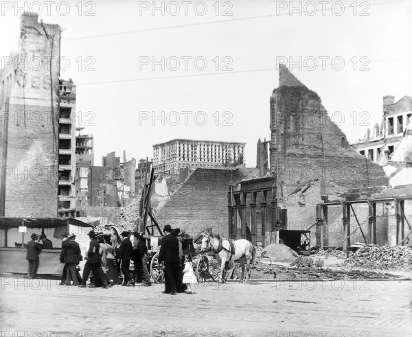 Damaged buildings after earthquake in the vicinity of California and Mason Streets with the Fairmont Hotel in background, San Francisco, California, USA, U.S. Army Signal Corps, April 1906