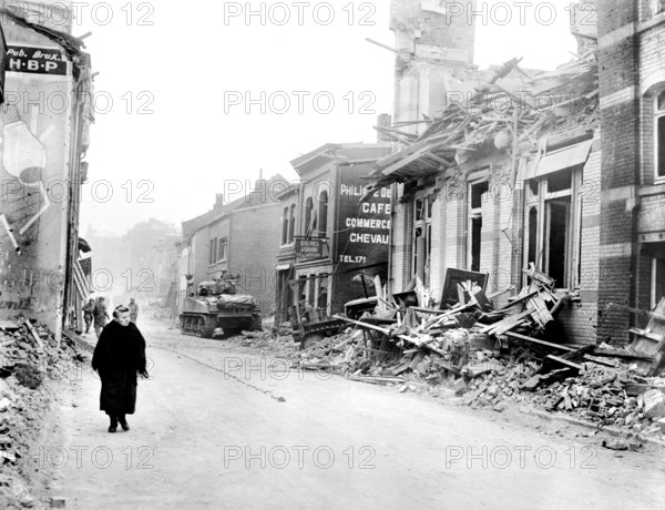Bomb damage, the result of German ten-day siege of U.S. 101st Airborne Division, Bastogne, Belgium, U.S. Army Signal Corps, December 26, 1944