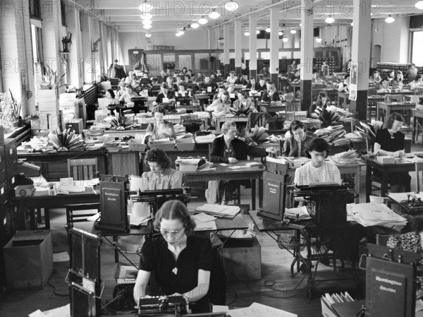 General view of office staff at W. Atlee Burpee Company, seed dealers, Philadelphia, Pennsylvania, USA, Arthur S. Siegel, U.S. Office of War Information, April 1943