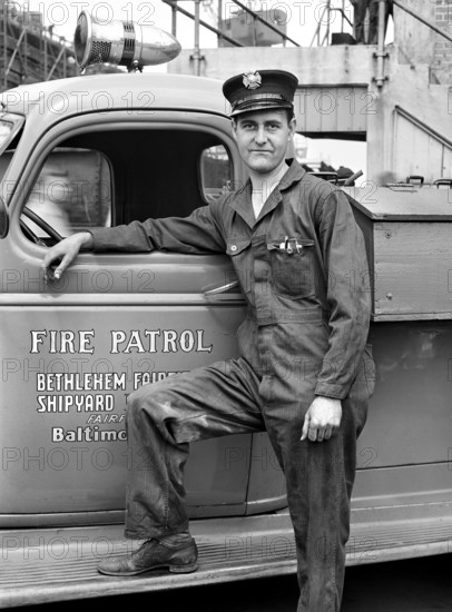 Shipyard fireman, Bethlehem-Fairfield shipyards, Baltimore, Maryland, USA, Arthur S. Siegel, U.S. Office of War Information, May 1943