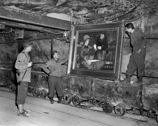 Painting by French Impressionist Edouard Manet, titled "Wintergarden", stolen by the Nazis, discovered by 3rd U.S. Army in vault at Merkers salt mines, Merkers, Germany, U.S. Army Signal Corps, April 25, 1945