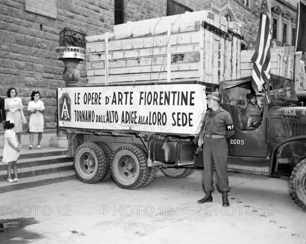 Truck returning priceless Florentine art treasure, which was taken to Bolsano by retreating Germans and recovered by the U.S. Army, Florence, Italy, U.S. Army Signal Corps, July 21, 1945