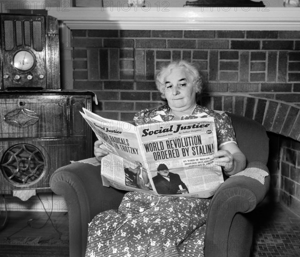 Elderly woman reading Social Justice newspaper published by Father Charles Coughlin, Royal Oak, Michigan, USA, Arthur S. Siegel, U.S. Office of War Information