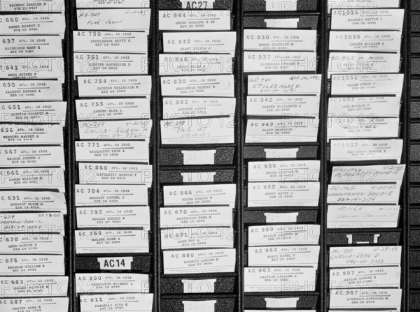 Employee time cards in rack, Bethlehem-Fairfield shipyards, Baltimore, Maryland, USA, Arthur S. Siegel, U.S. Office of War Information, May 1943