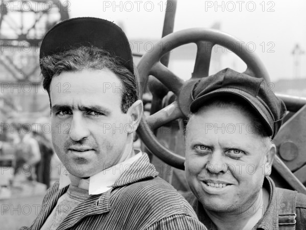 Head and shoulders portrait of two shipyard workers, Bethlehem-Fairfield shipyards, Baltimore, Maryland, USA, Arthur S. Siegel, U.S. Office of War Information