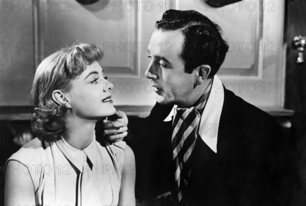 Pauline Stroud, Dennis Price, on-set of the British film, "Lady Godiva Rides Again", U.S. title, "Bikini Baby", British Lion Films, 1951