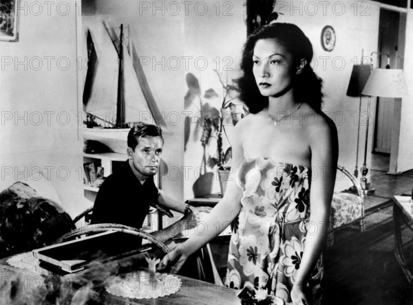 Charles "Bud" Tingwell, Frances Chin Soon, on-set of the film, "King Of The Coral Sea", Allied Artists, 1956