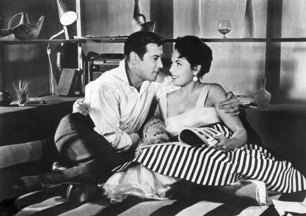 Dietmar Schonherr, Eva Kerbler, on-set of the West German film, "Two In A Sleeping Bag", original German title: "Kleines Zelt und grosse Liebe", Schorcht Filmverleih Gmbh, Germany 1956, Holt International, USA, 1964