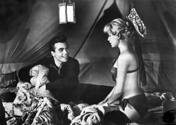 Claus Biederstaedt, Susanne Cramer on-set of the West German film, "Two In A Sleeping Bag", original German title: "Kleines Zelt und grosse Liebe", Schorcht Filmverleih Gmbh, Germany 1956, Holt International, USA, 1964