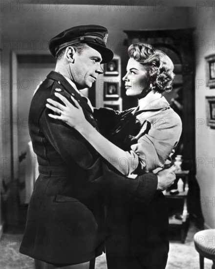 Tom Ewell, Sheree North, on-set of the film, "The Lieutenant Wore Skirts", 20th Century-Fox, 1956