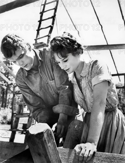 Ettore Manni, Jeanne Moreau, on-set of the film, "Mademoiselle", United Artists, 1966