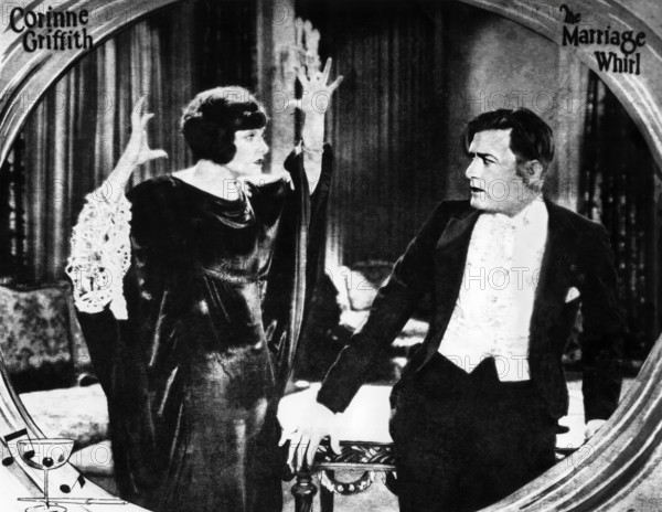 Corinne Griffith, Kenneth Harlan, on-set of the silent film, "The Marriage Whirl", First National Pictures, 1925