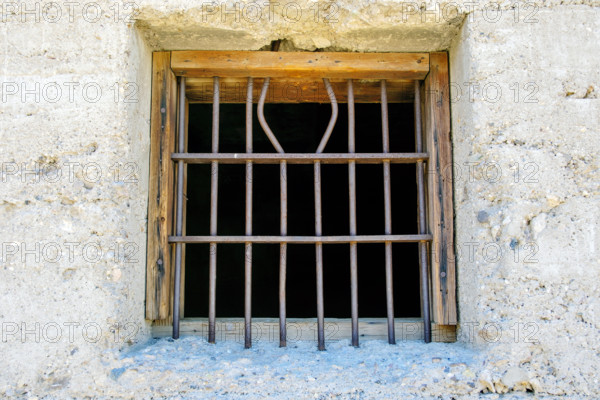 Iron bars on jail window in mining ghost town, Rhyolite, Nevada, USA