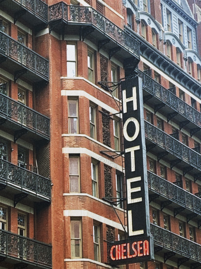 Chelsea Hotel, building exterior with sign detail, West 23rd Street, New York City, New York, USA