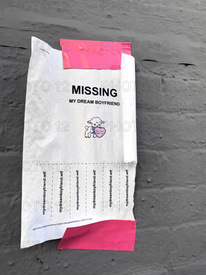 Sign posted for missing dream boyfriend on brick wall secured with pink adhesive tape, Brooklyn, New York, USA