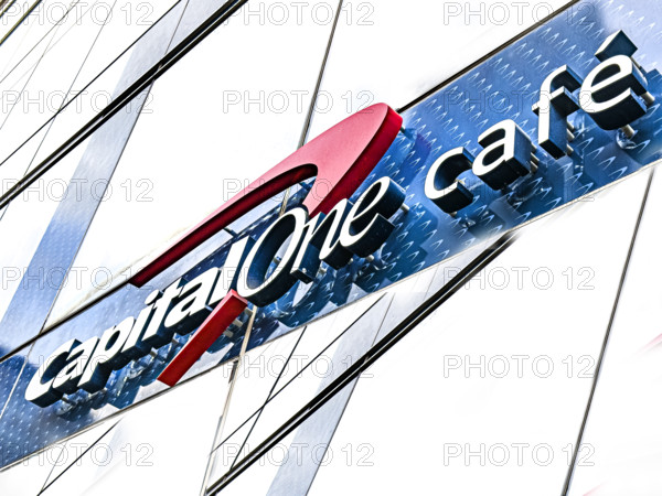 Capital One Cafe, close-up of building exterior and company sign, New York City, New York, USA