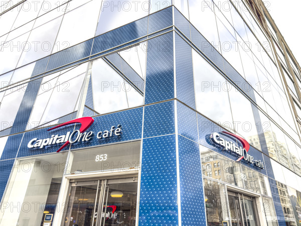 Capital One Cafe, building exterior and company sign, New York City, New York, USA