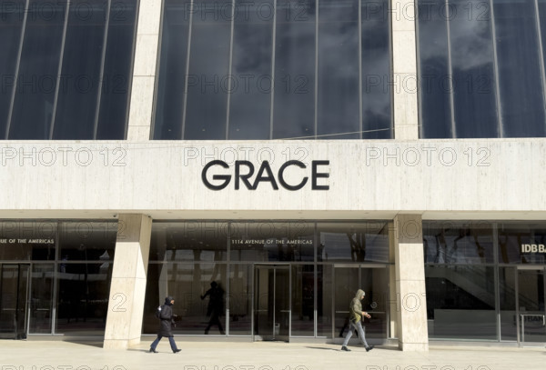 W.R. Grace Building, close-up exterior view of building sign and entrance, West 42nd Street, New York City, New York, USA