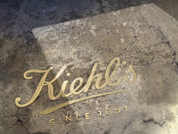 Kiehl's flagship store, company logo in cement floor, 109 Third Avenue, New York City, New York, USA
