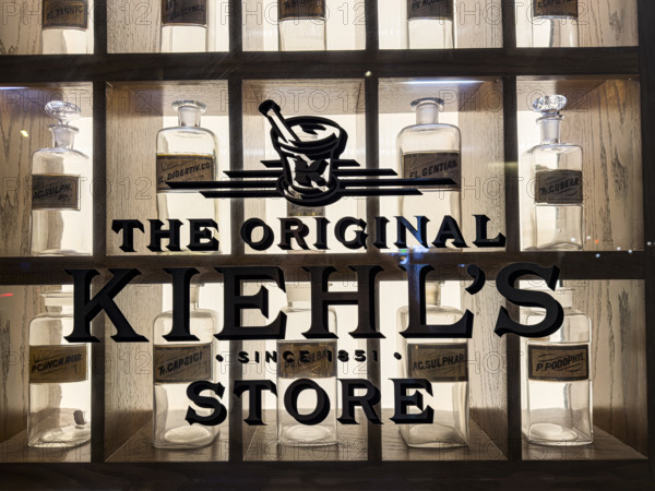 Kiehl's flagship store, glass bottles on display, 109 Third Avenue, New York City, New York, USA