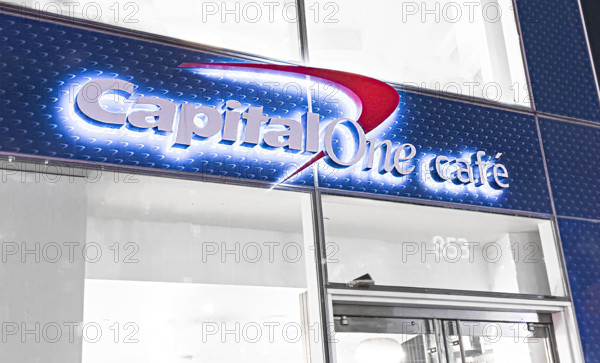 Capital One Cafe, building exterior and company sign, New York City, New York, USA