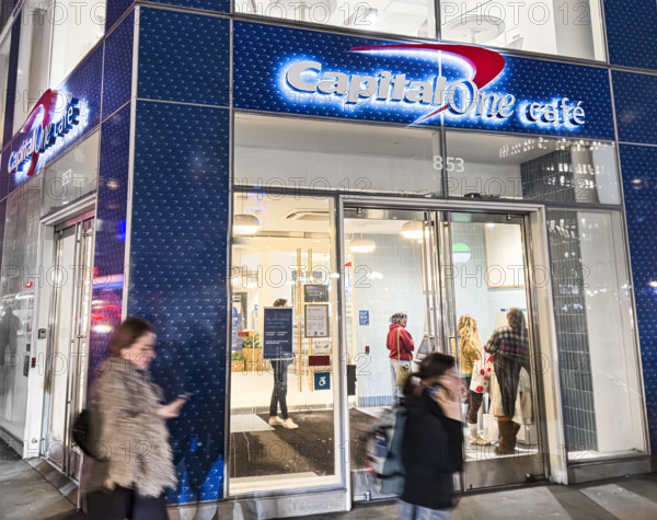 Capital One Cafe, building exterior and sidewalk scene, New York City, New York, USA