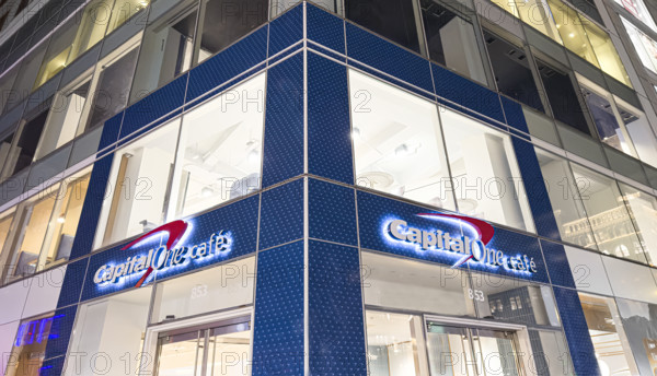 Capital One Cafe, building exterior and company sign, New York City, New York, USA