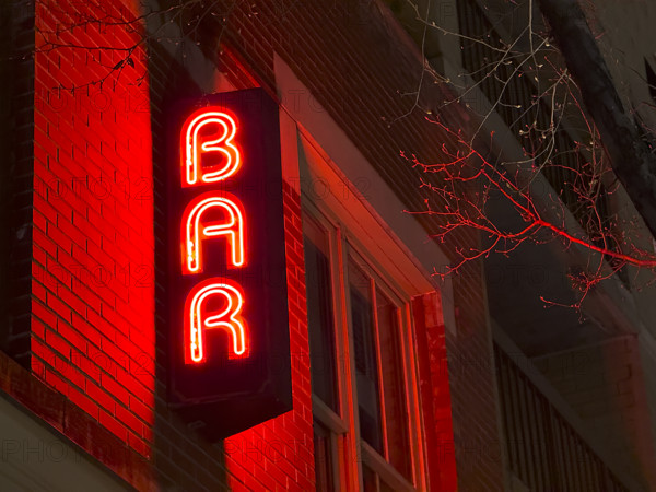 Neon red bar sign on building exterior at night, New York City, New York, USA