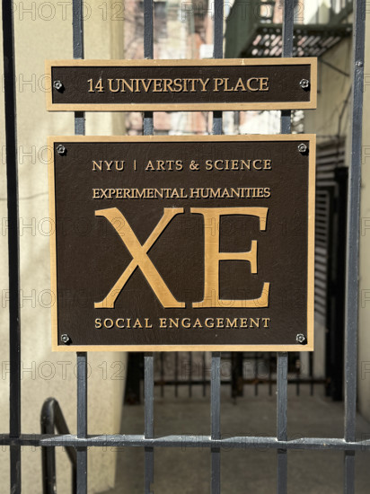 NYU, Arts & Science, Experimental Humanities, Social Engagement, engraved metal plaque on iron gate, 14 University Place, Greenwich Village, New York City, New York, USA