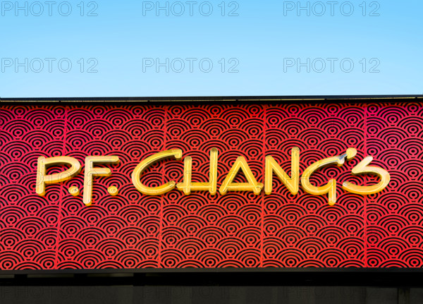 P.F. Chang's Chinese restaurant, building exterior detail of company sign, New York City, New York, USA