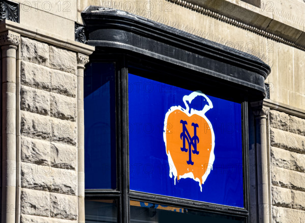 Mets House NYC, pop-up store and activities space, building exterior detail of blue & orange logo, New York City, New York, USA