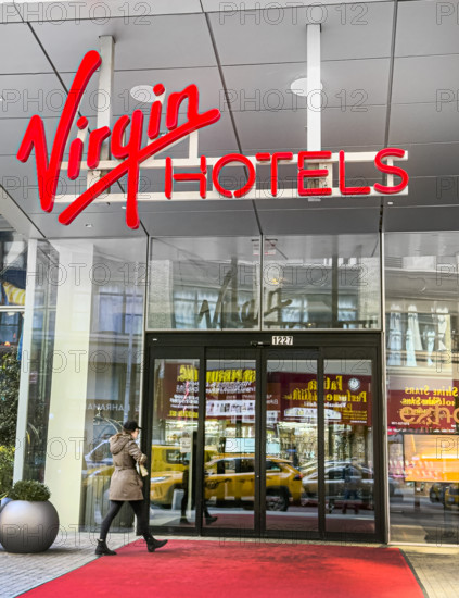 Virgin Hotels, exterior sign detail and entrance, New York City, New York, USA