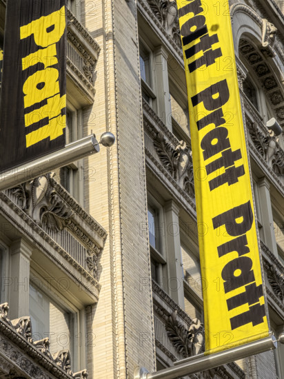 Pratt Institute, low angle view of building exterior and detail of school banners, West 14th Street, New York City, New York, USA