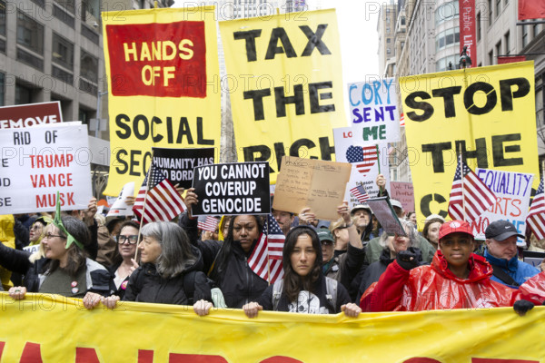 Demonstrators participating in "Hands Off" National Day of Action Protest, New York City, New York, USA