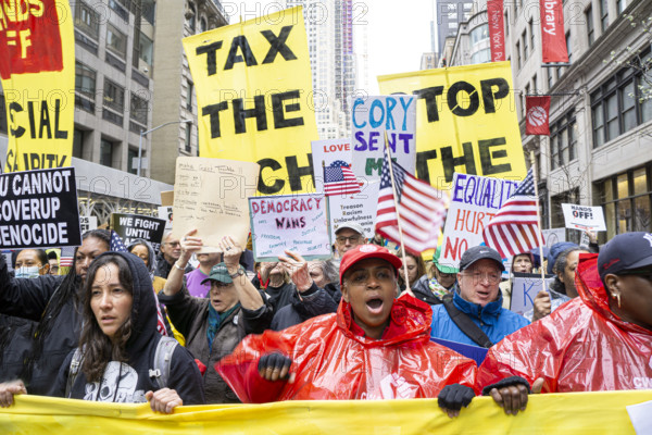 Demonstrators participating in "Hands Off" National Day of Action Protest, New York City, New York, USA