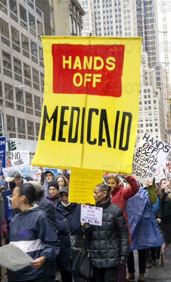 Demonstrators participating in "Hands Off" National Day of Action Protest, New York City, New York, USA