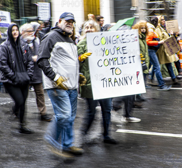 Demonstrators participating in "Hands Off" National Day of Action Protest, New York City, New York, USA