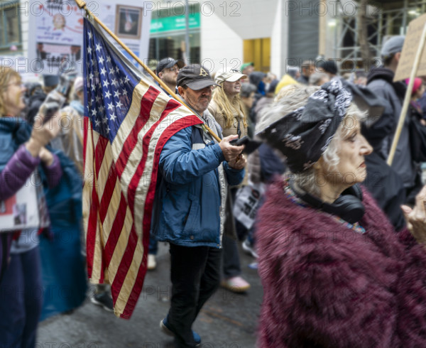 Demonstrators participating in "Hands Off" National Day of Action Protest, New York City, New York, USA
