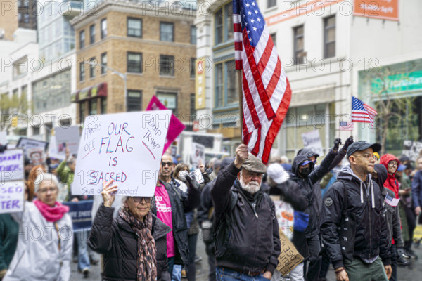 Demonstrators participating in "Hands Off" National Day of Action Protest, New York City, New York, USA