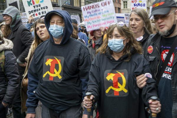 Demonstrators participating in "Hands Off" National Day of Action Protest, New York City, New York, USA