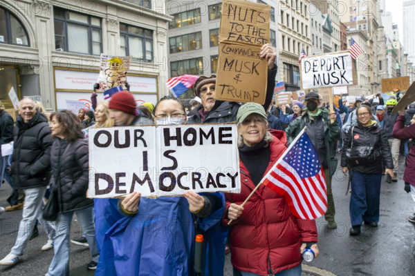 Demonstrators participating in "Hands Off" National Day of Action Protest, New York City, New York, USA
