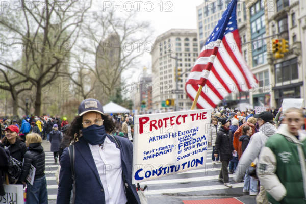 Demonstrators participating in "Hands Off" National Day of Action Protest, New York City, New York, USA