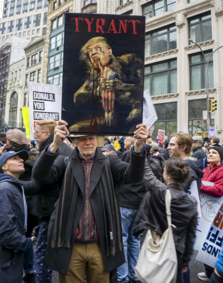 Demonstrators participating in "Hands Off" National Day of Action Protest, New York City, New York, USA