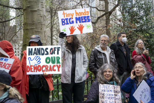 Demonstrators participating in "Hands Off" National Day of Action Protest, New York City, New York, USA
