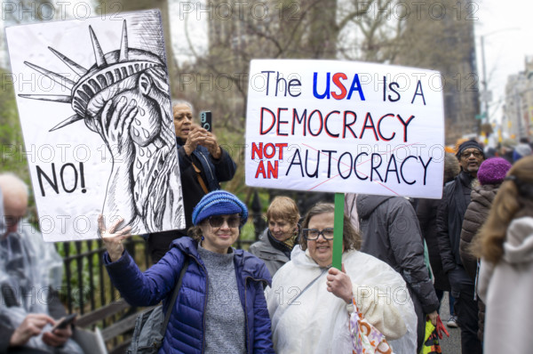 Demonstrators participating in "Hands Off" National Day of Action Protest, New York City, New York, USA