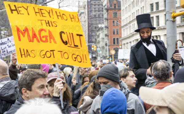 Demonstrators participating in "Hands Off" National Day of Action Protest, New York City, New York, USA