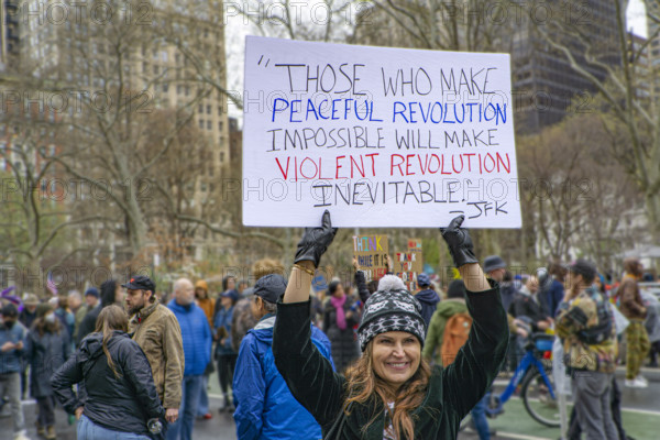 Demonstrators participating in "Hands Off" National Day of Action Protest, New York City, New York, USA